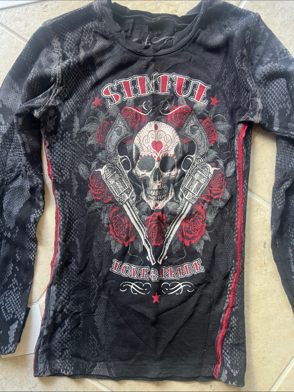 Affliction Sinful Black python Long-Sleeve Graphic Tee with Red Accents